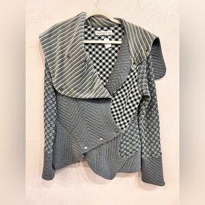 Aimee G Sweater Wide Collared Wool Blend Patchwork Pattern Snap Up Jacket M/L